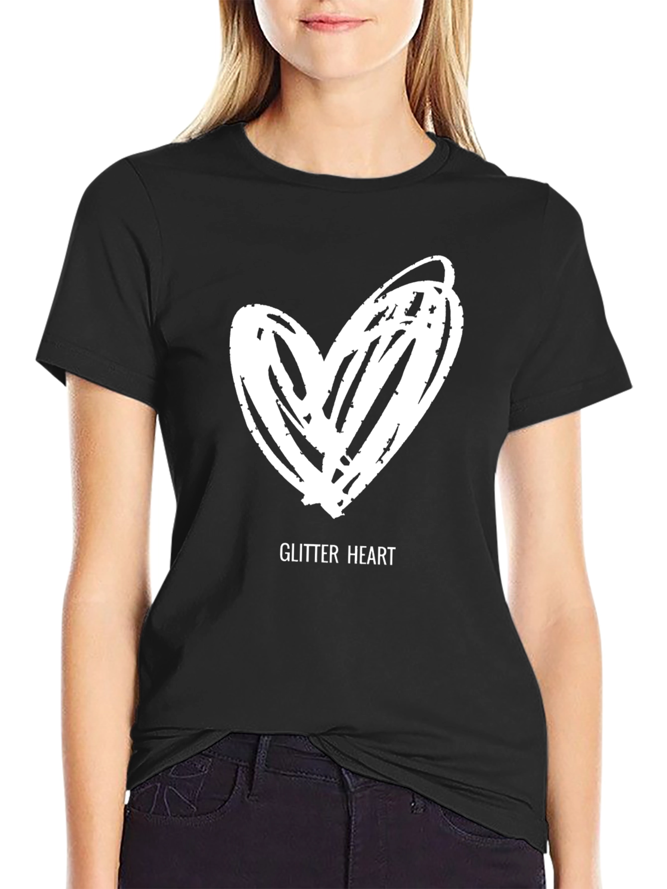 Glitter Heart Graphic Tee - Black Casual T-Shirt