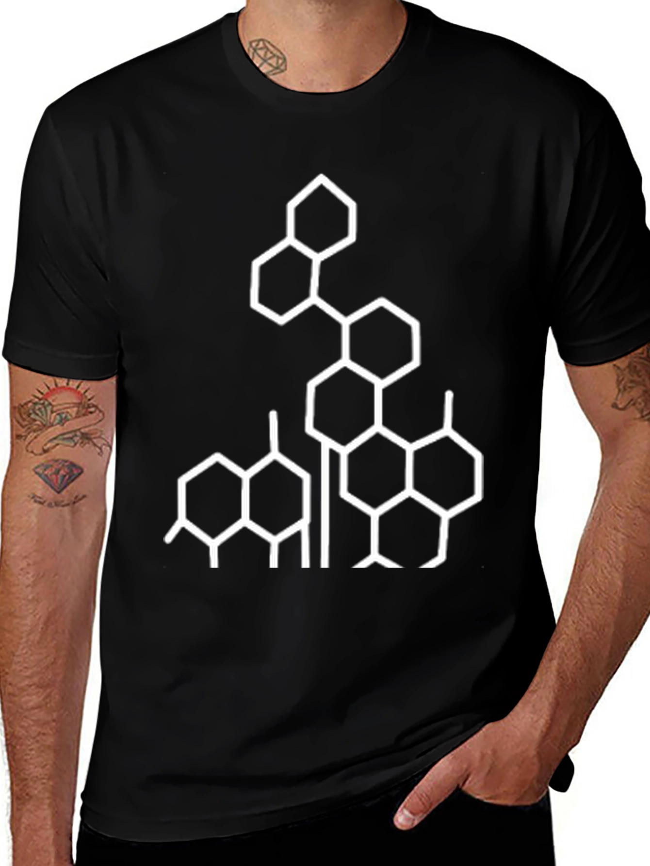 Geometric Hexagon Design Black T-Shirt