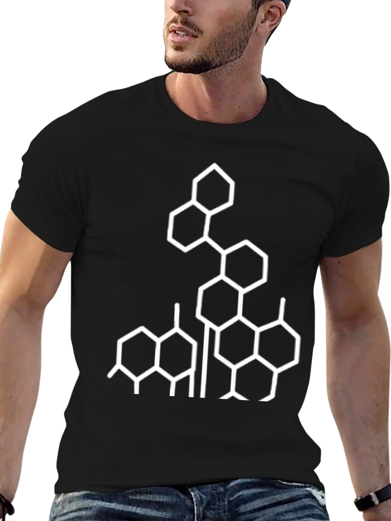 Geometric Hexagon Design Black T-Shirt