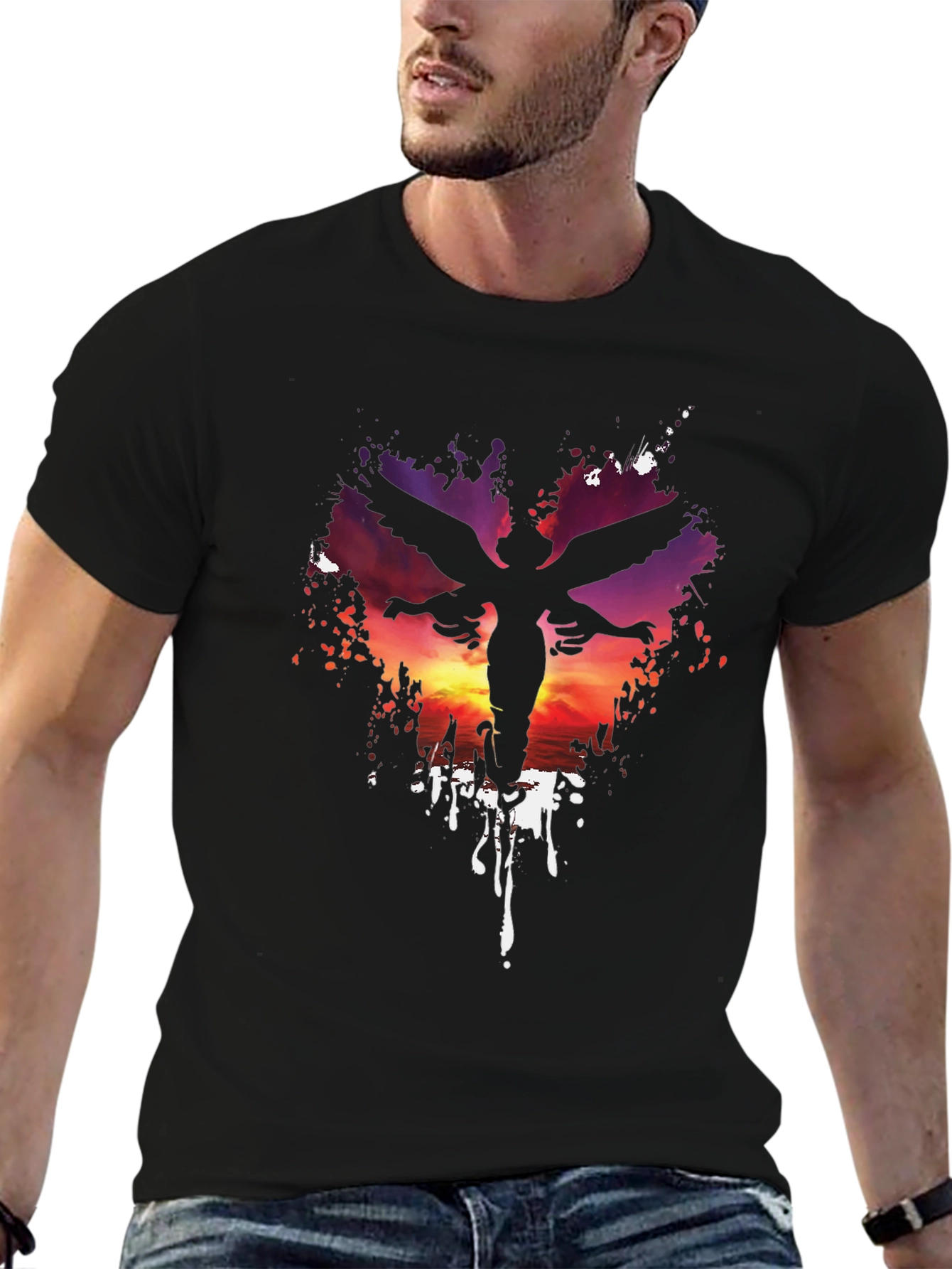 Angel Silhouette Graphic Print Black T-Shirt