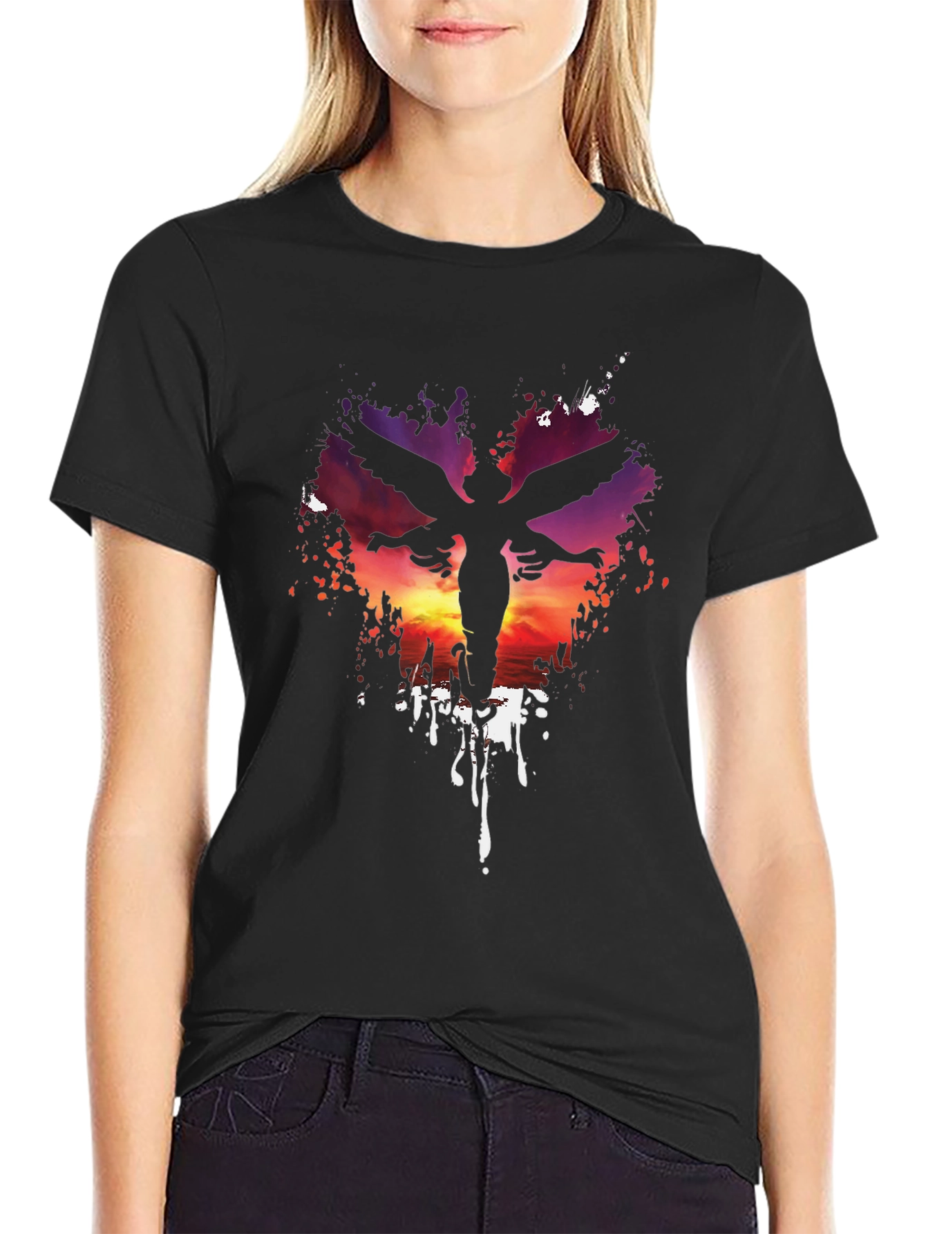 Angel Silhouette Graphic Print Black T-Shirt
