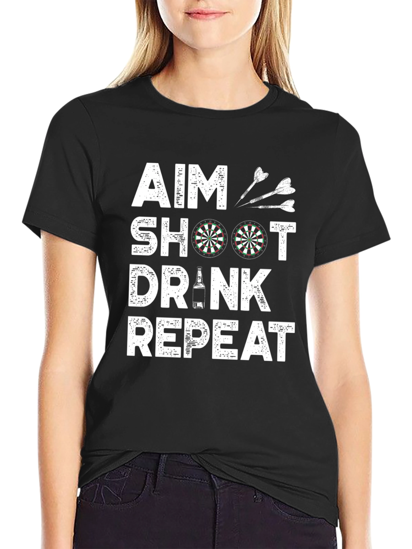 Aim Shoot Drink Repeat Mens Black Graphic Tee