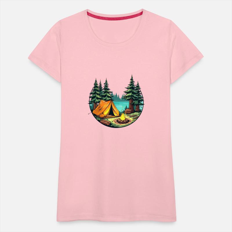 Vibrant Cartoon Camping Scene With Tent FireTrees