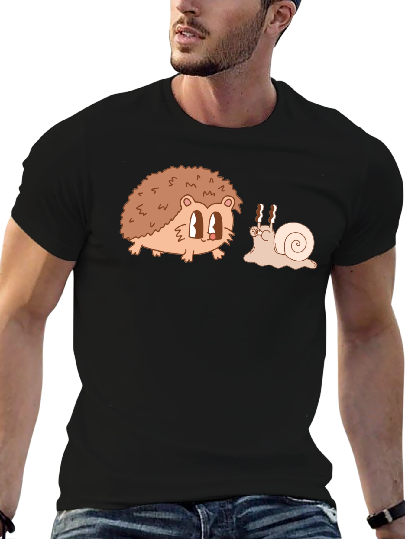 Hedgehog & Snail Cartoon Graphic Black T-Shirt