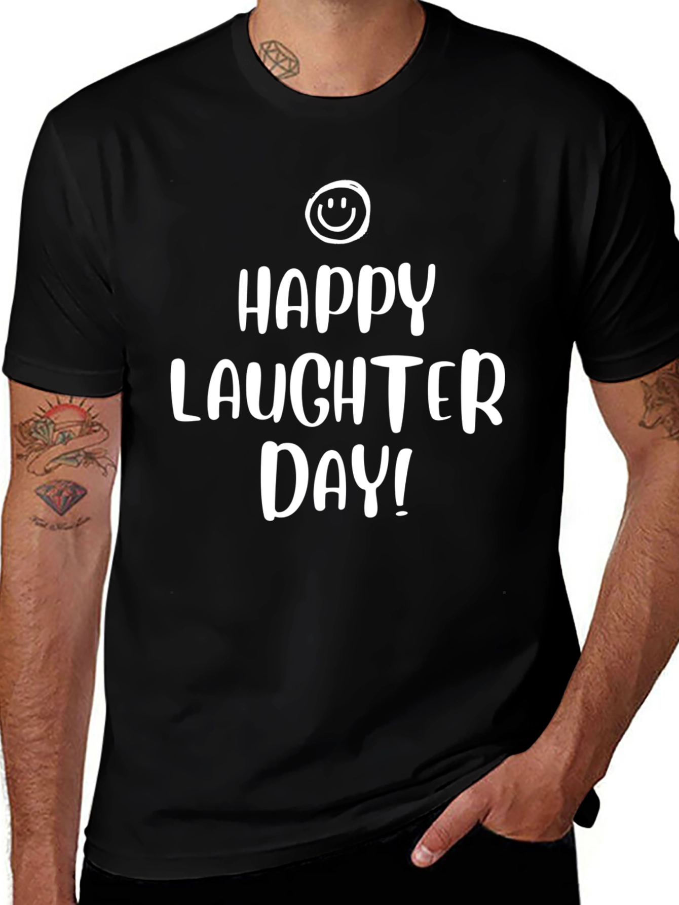 Happy Laughter Day T-Shirt - Black Crew Neck Tee