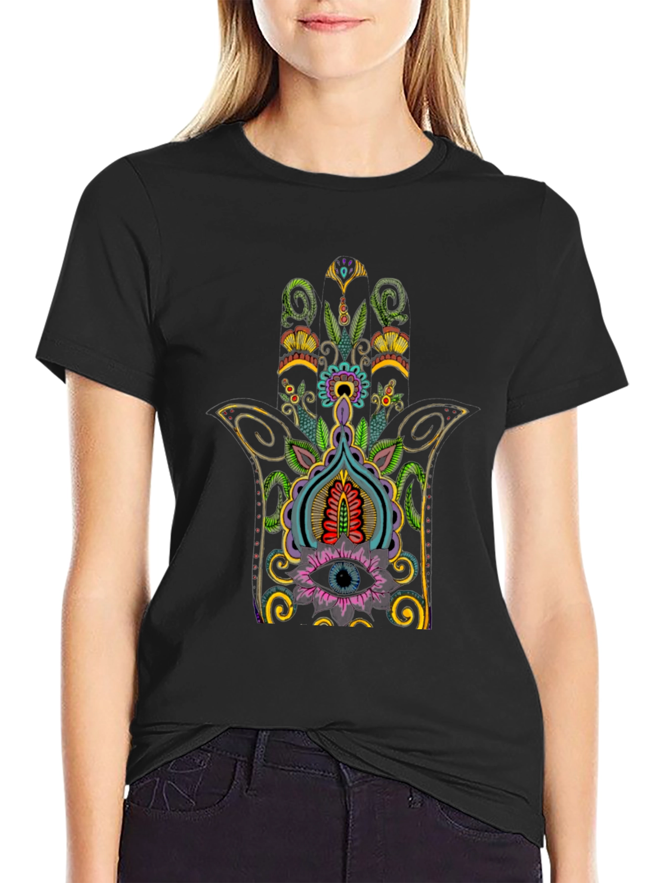 Hamsa Hand Eye Graphic Tee - Black