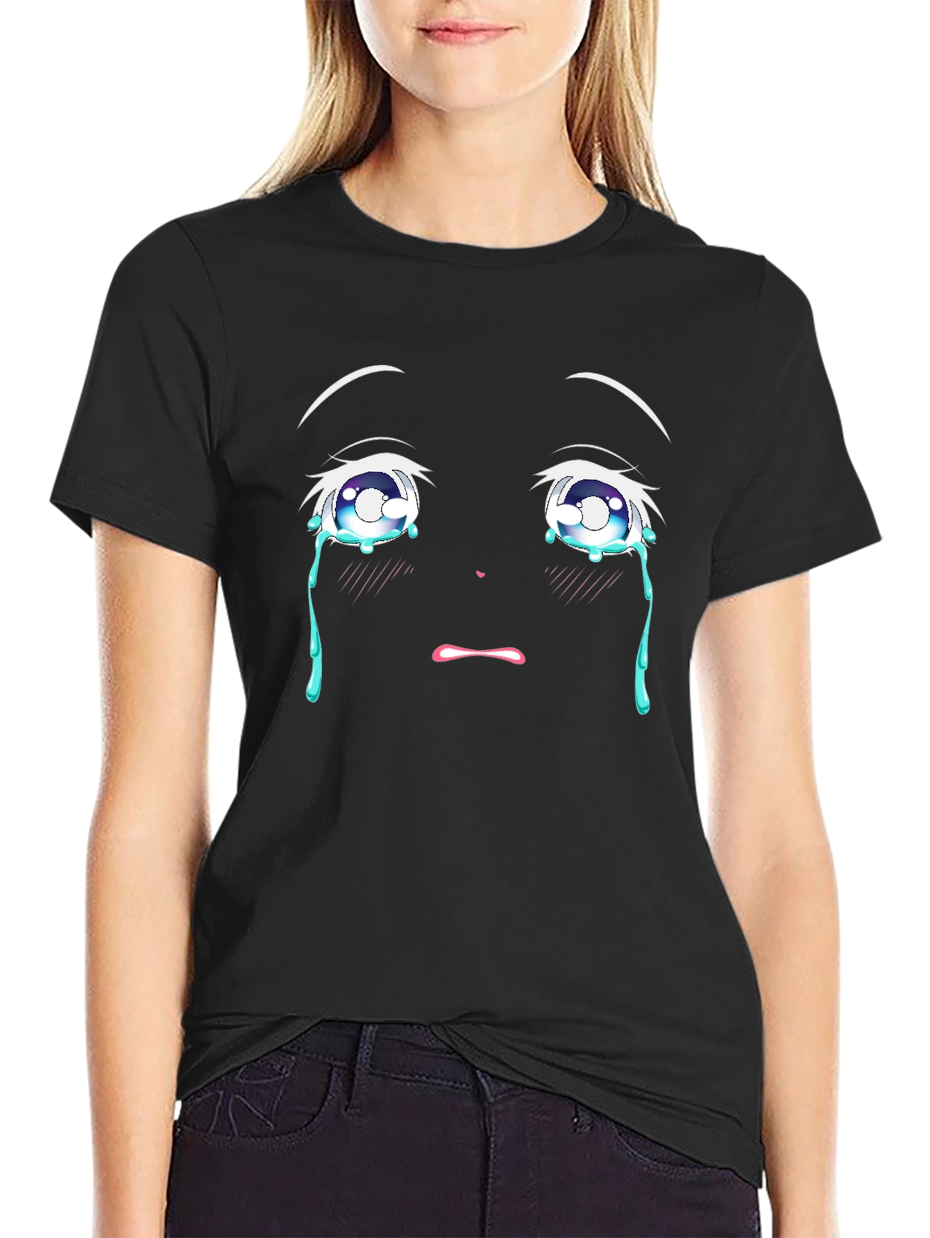 Anime Crying Eyes Graphic T-Shirt - Black