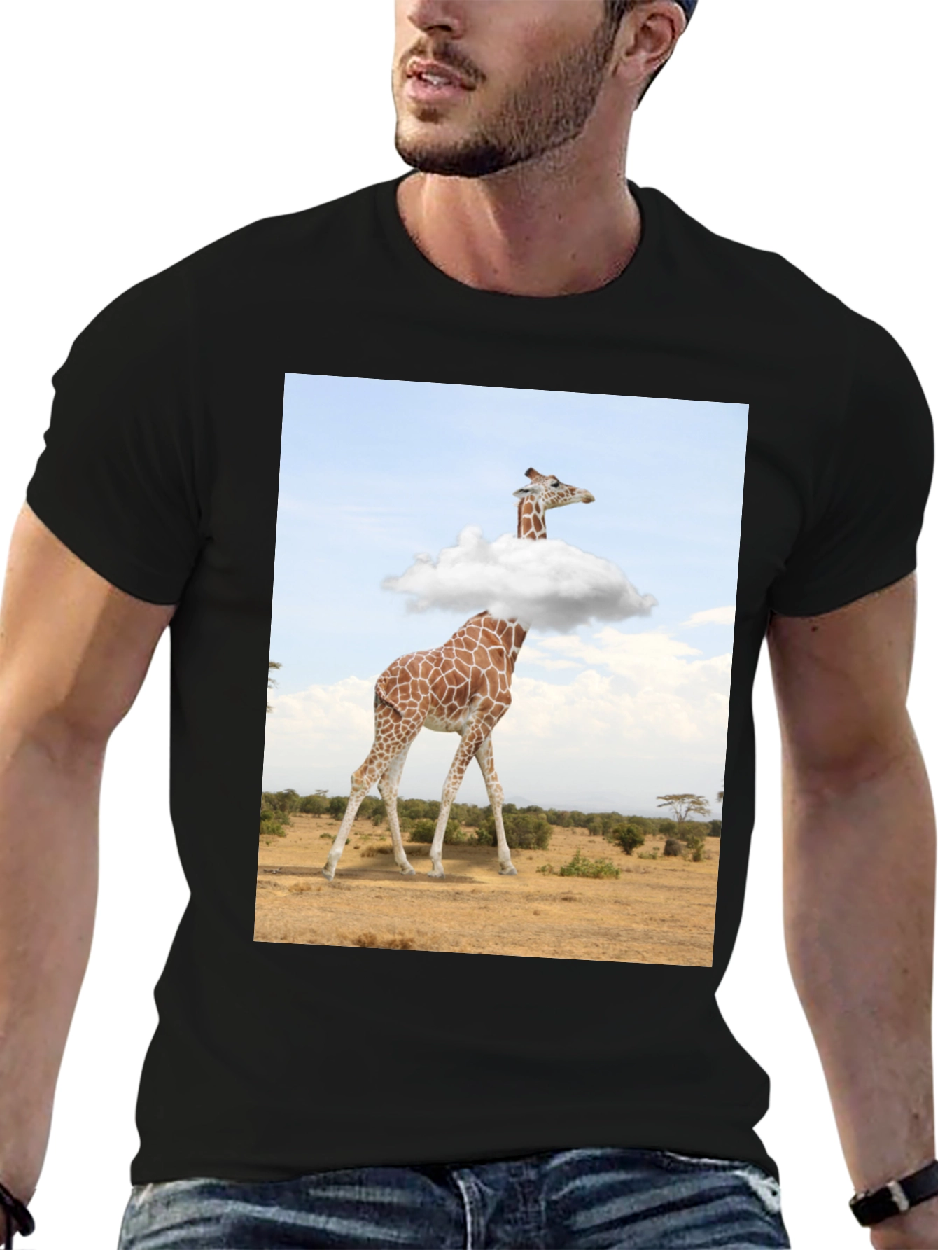 Giraffe in Clouds Graphic Tee - Mens Black T-Shirt
