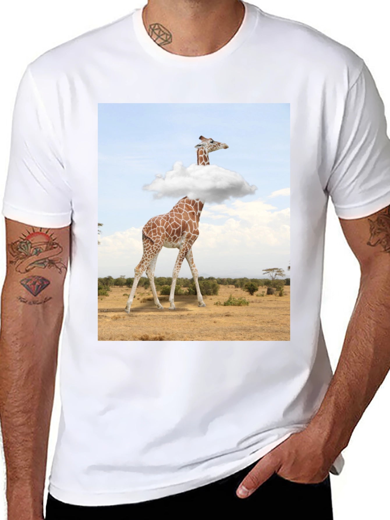 Giraffe in Clouds Graphic Tee - Mens Black T-Shirt