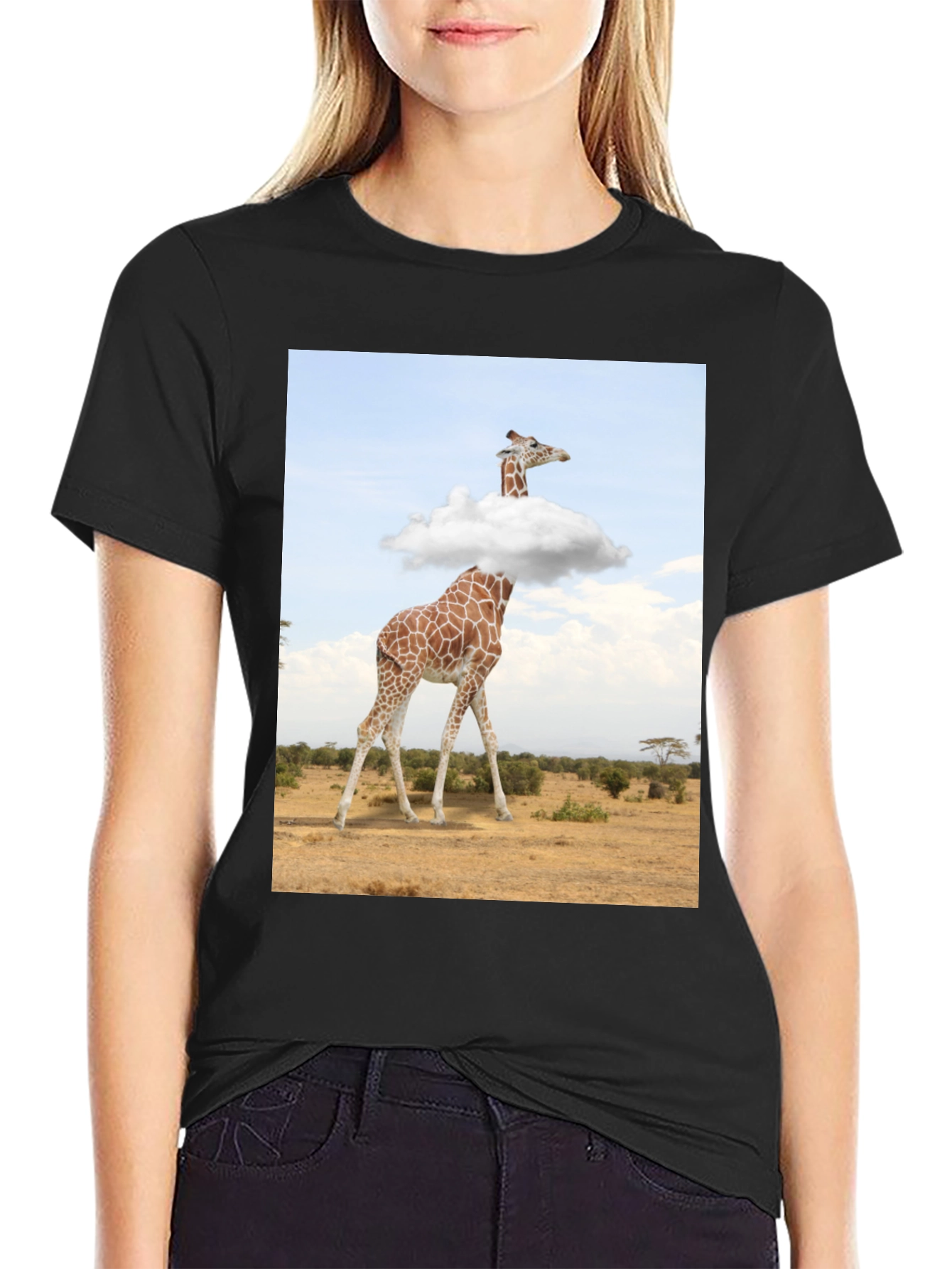 Giraffe in Clouds Graphic Tee - Mens Black T-Shirt