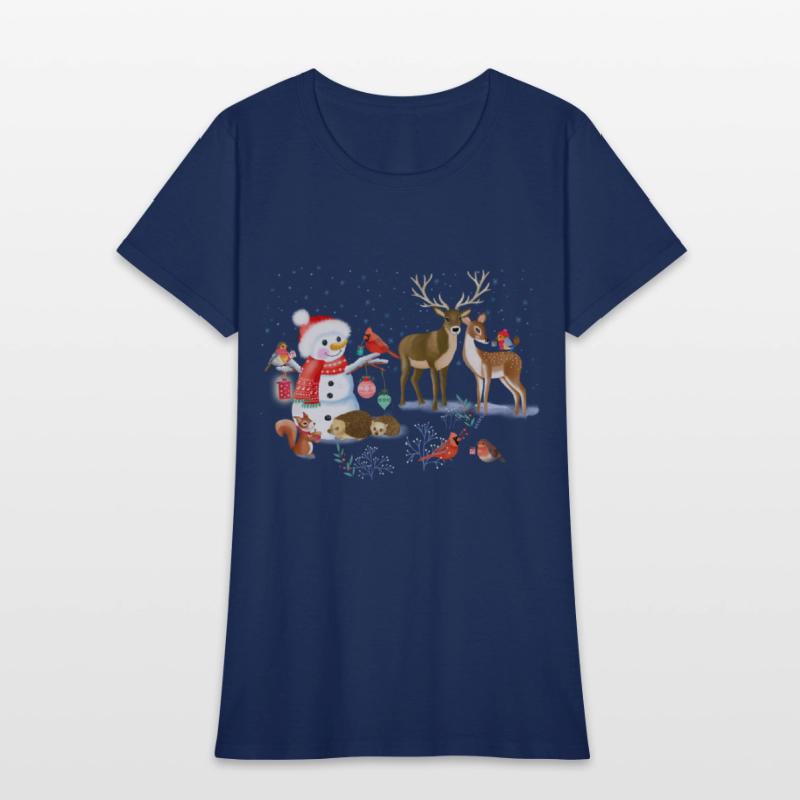 Winter fairytale with snowman and forest animals