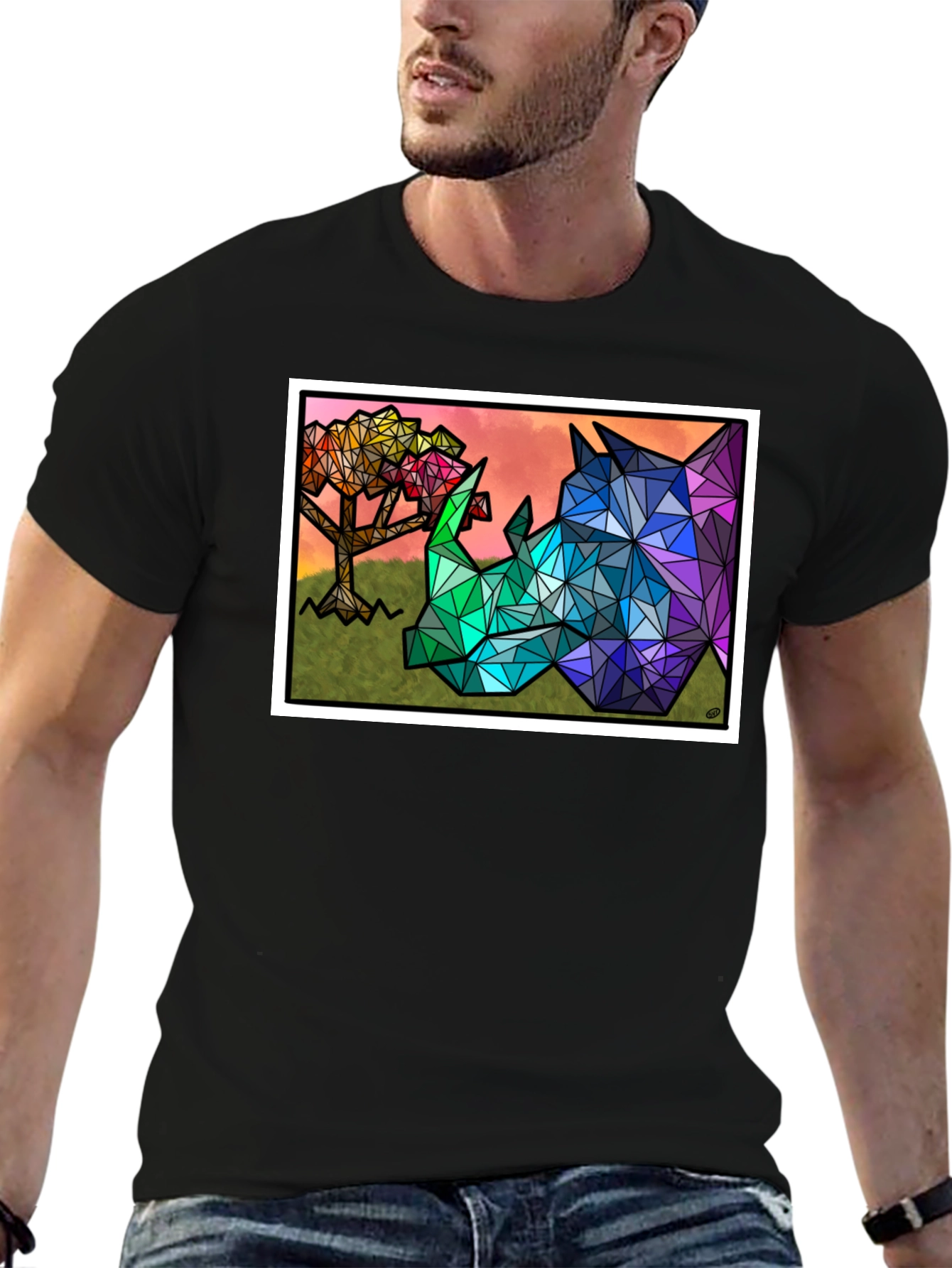 Geometric Rhino Graphic Tee - Black