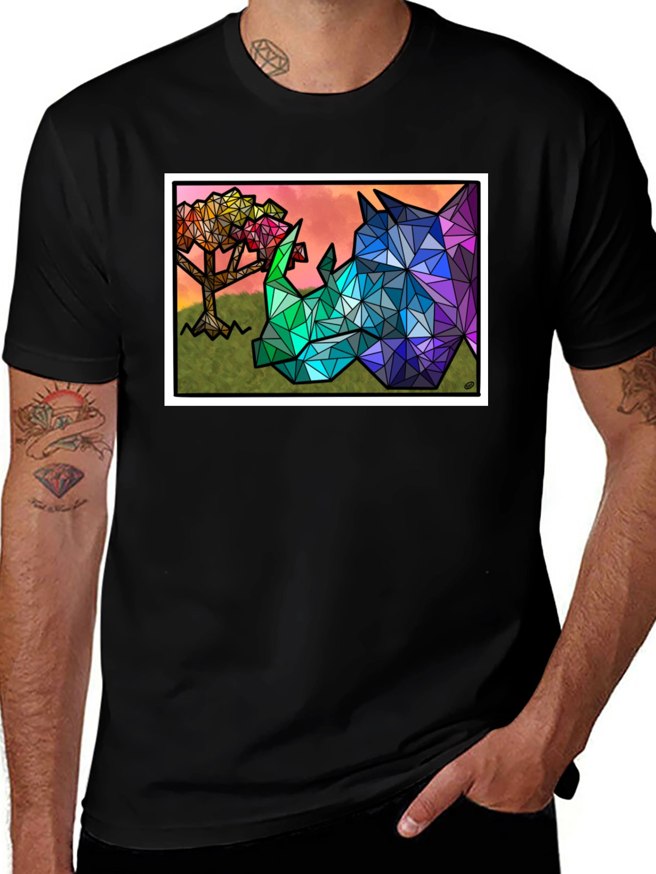 Geometric Rhino Graphic Tee - Black