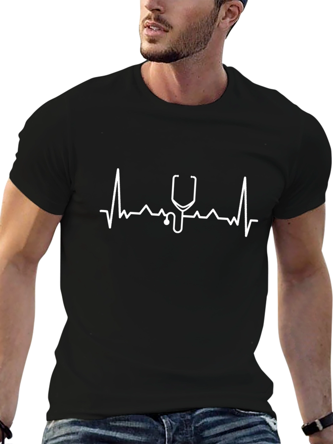Heartbeat Stethoscope Graphic Tee - Black Cotton