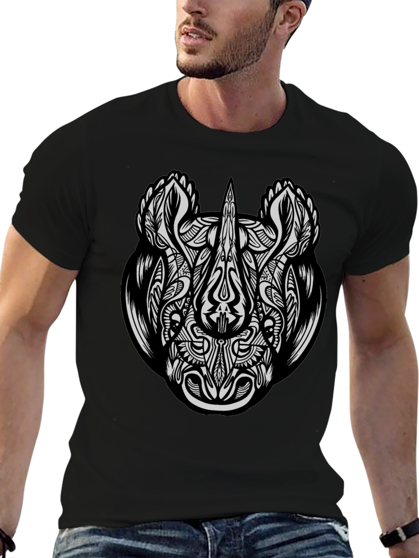 Abstract Rhino Graphic Print Black T-Shirt