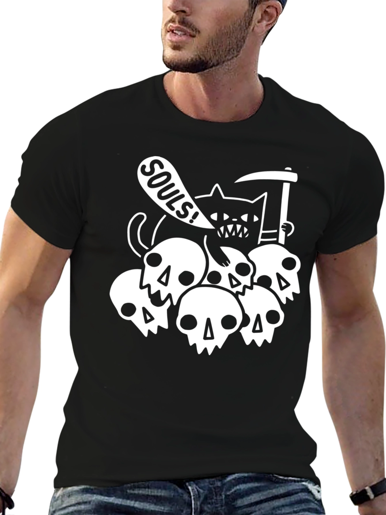 Grim Reaper Cat & Skulls Graphic Tee - Black
