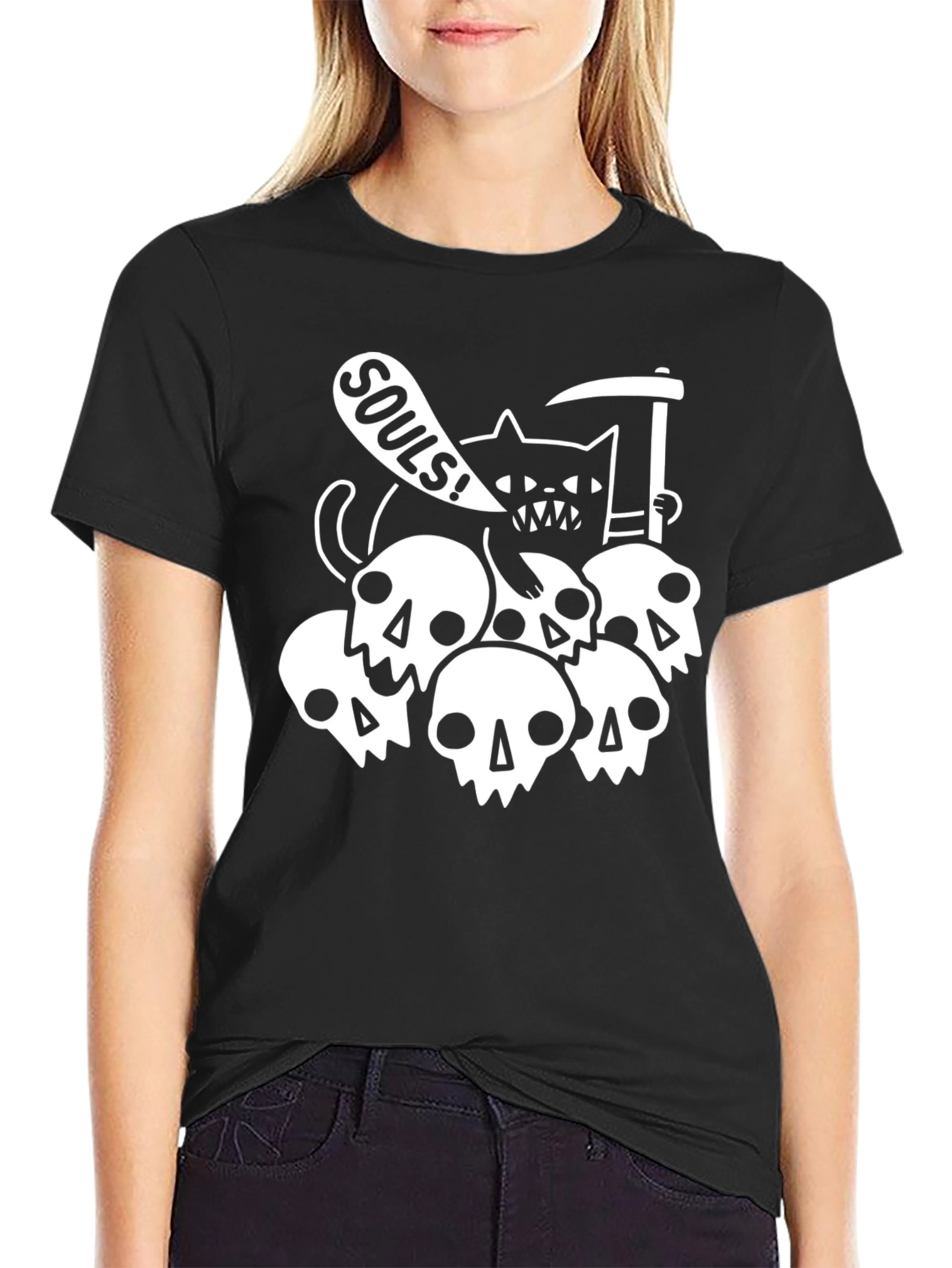 Grim Reaper Cat & Skulls Graphic Tee - Black