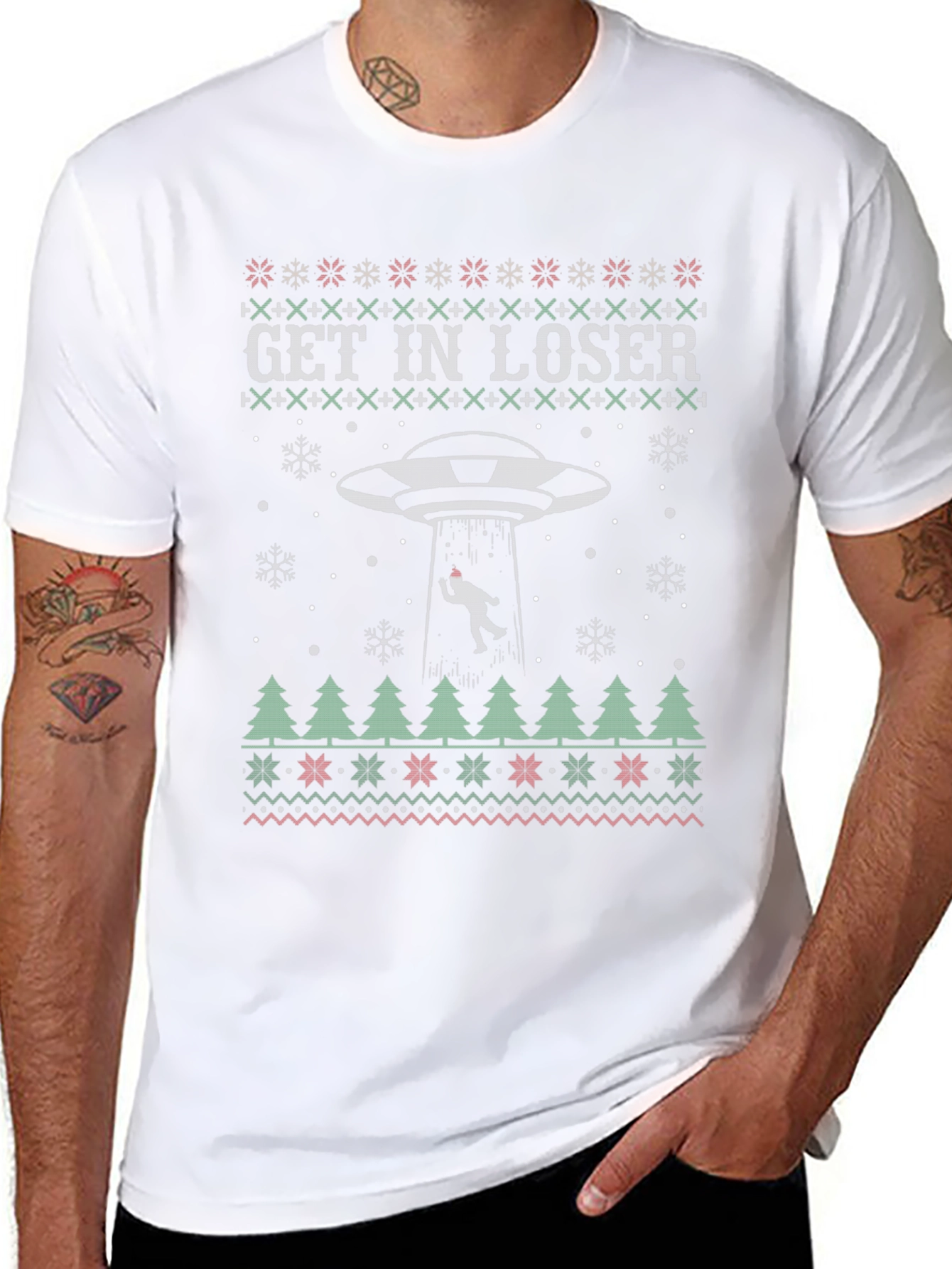 Get In Loser Alien Abduction Christmas Ugly T-Shirt