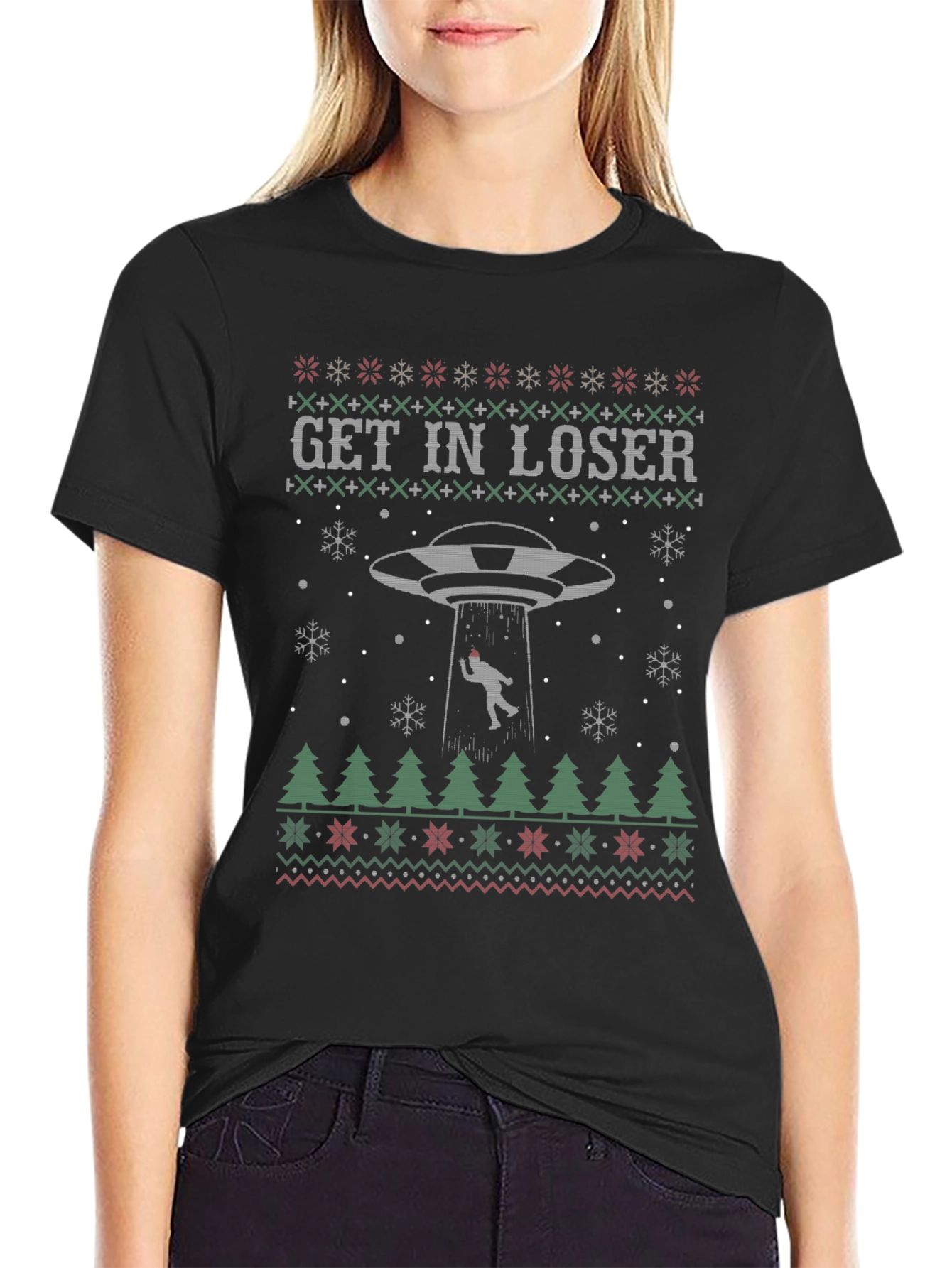Get In Loser Alien Abduction Christmas Ugly T-Shirt