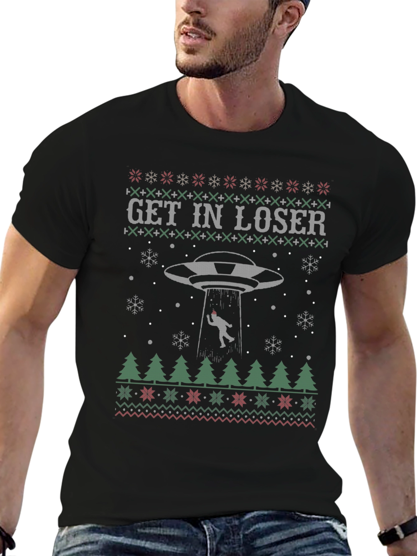 Get In Loser Alien Abduction Christmas Ugly T-Shirt