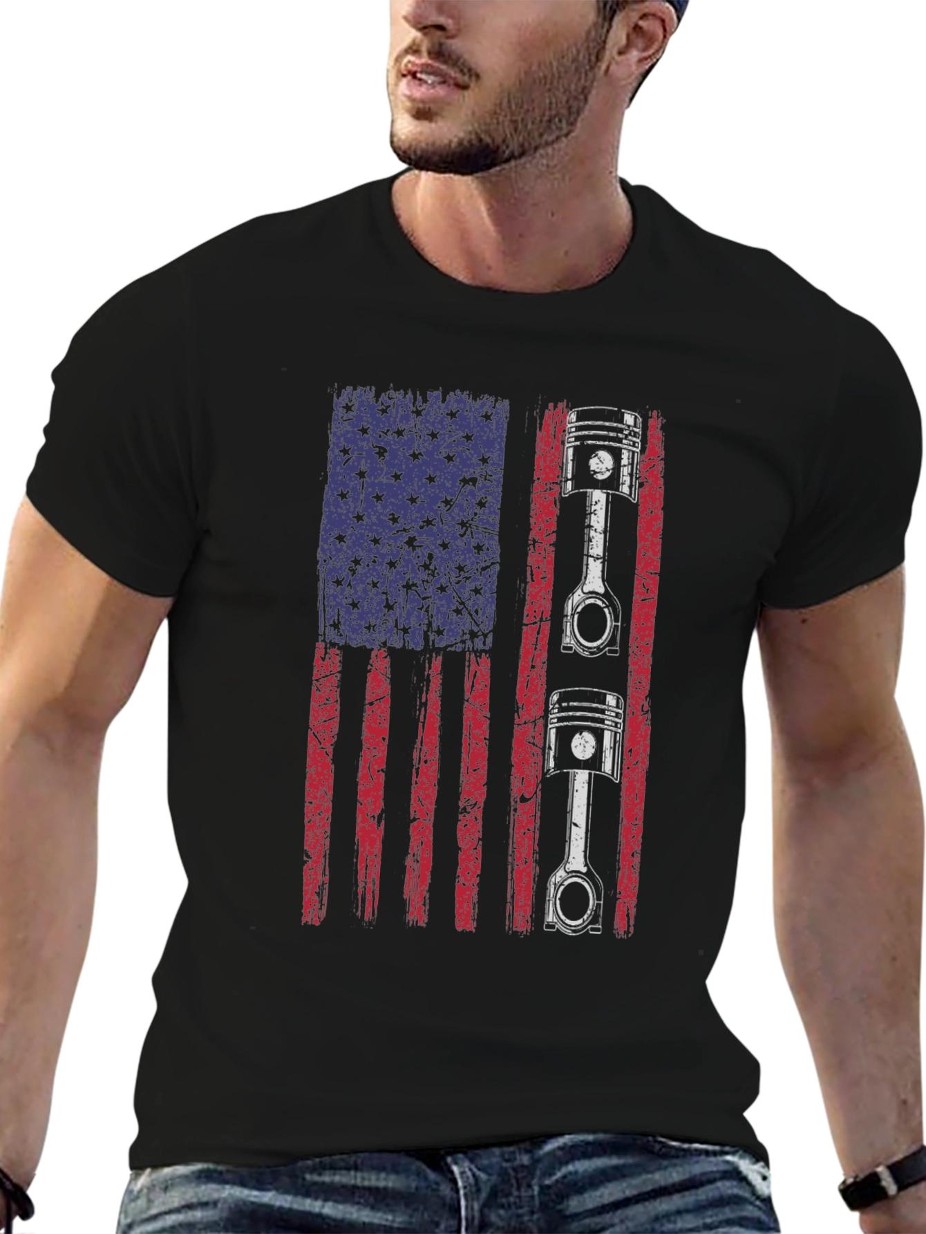 American Flag Piston Graphic Tee - Black