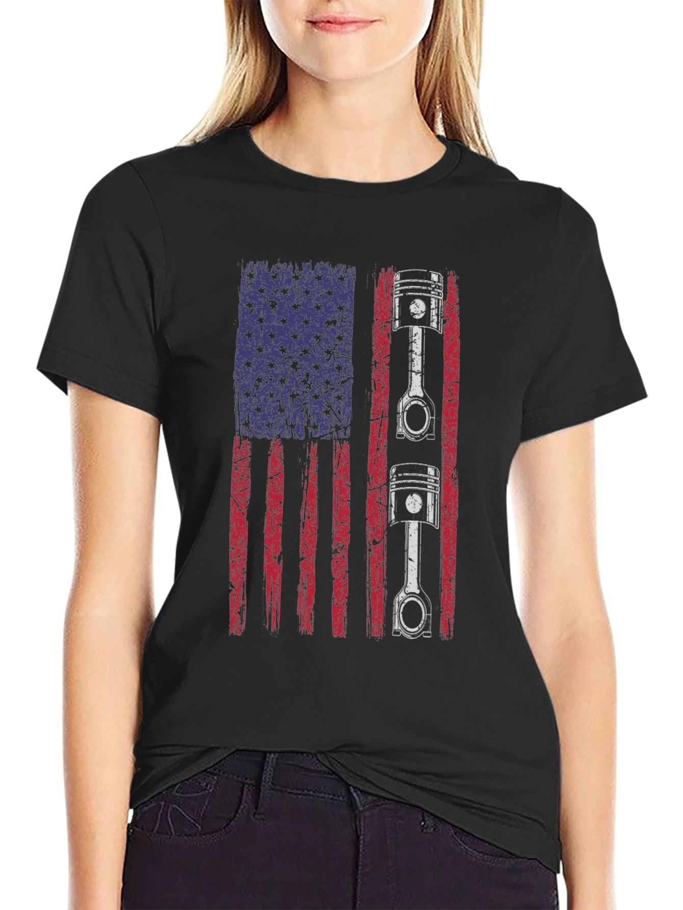 American Flag Piston Graphic Tee - Black