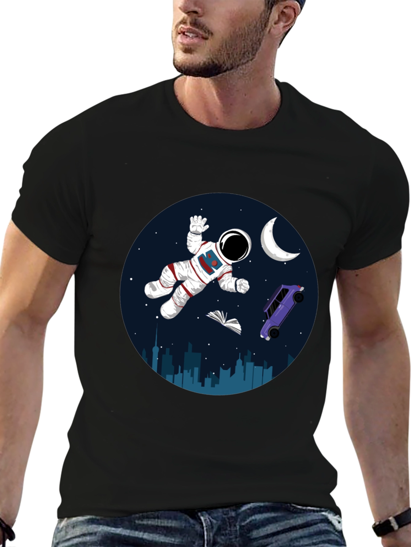 Astronaut in Space Graphic Tee - Black Cotton Blend