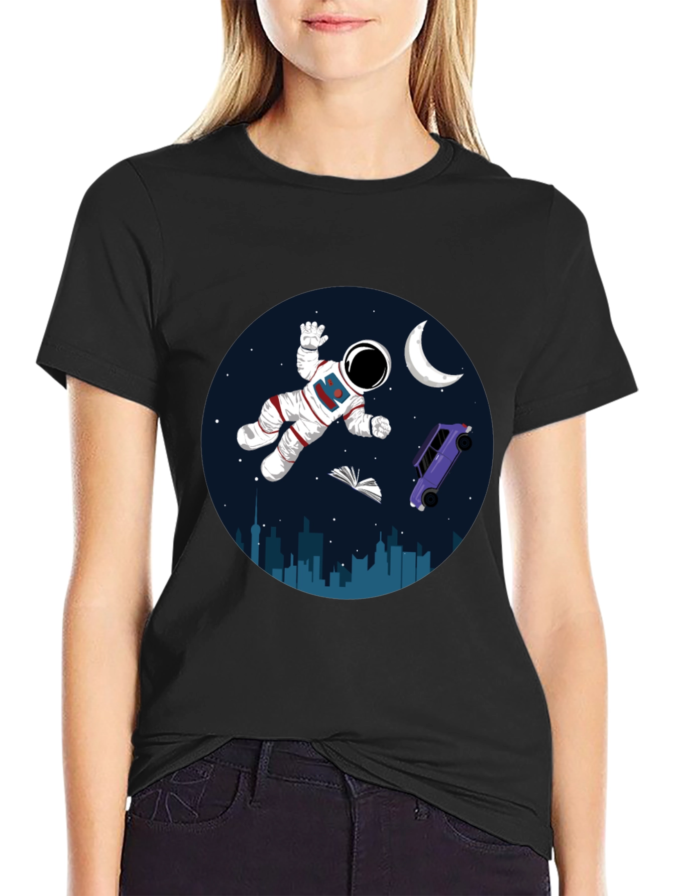 Astronaut in Space Graphic Tee - Black Cotton Blend