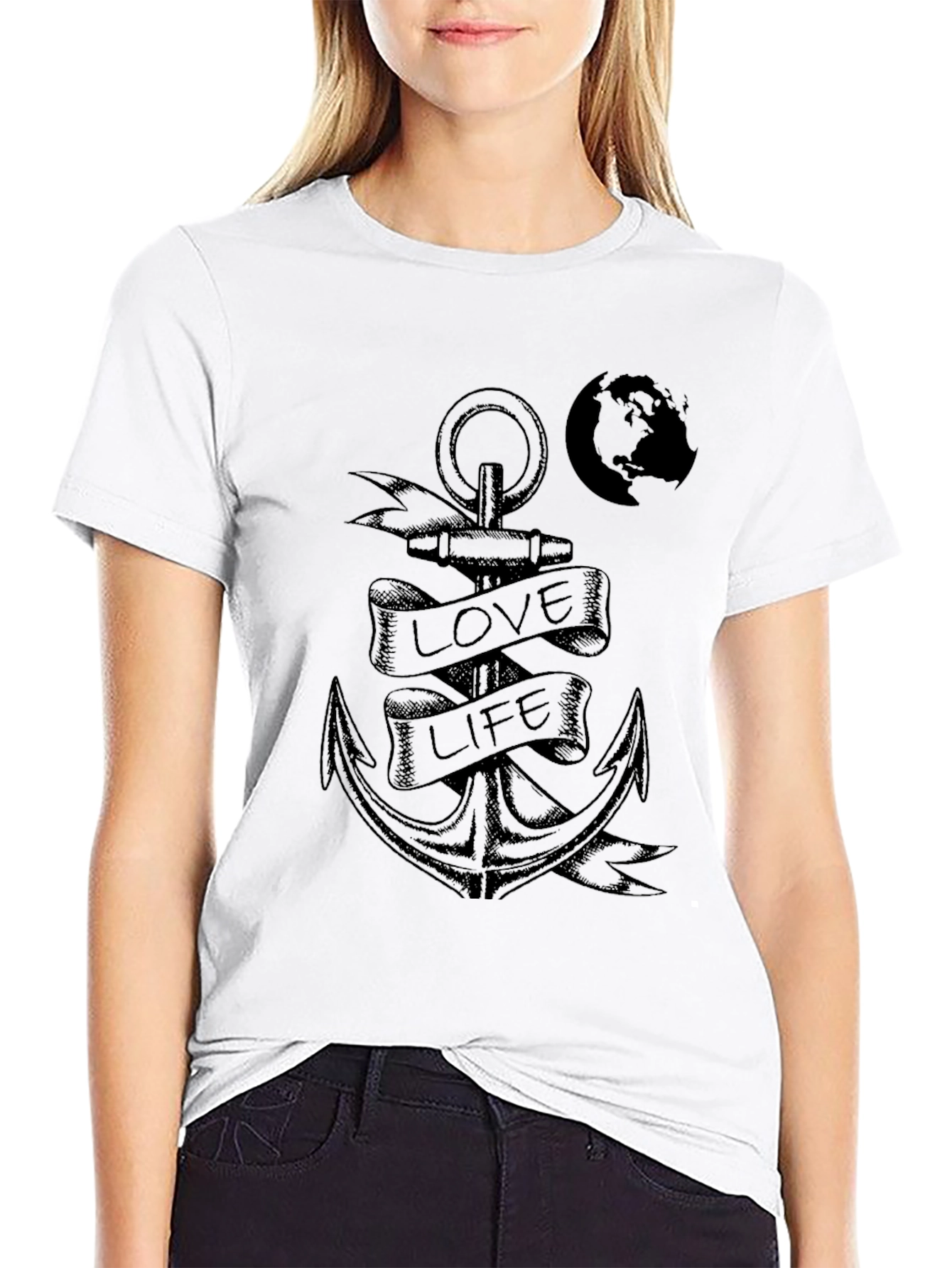 Anchor Love Life Graphic Print Black T-Shirt